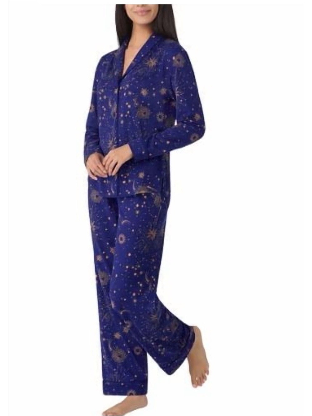 NEW-Room Service Women's Shawl Collar Lounge Pajama Set Blue Celestial Star/Moon - Picture 5 of 14